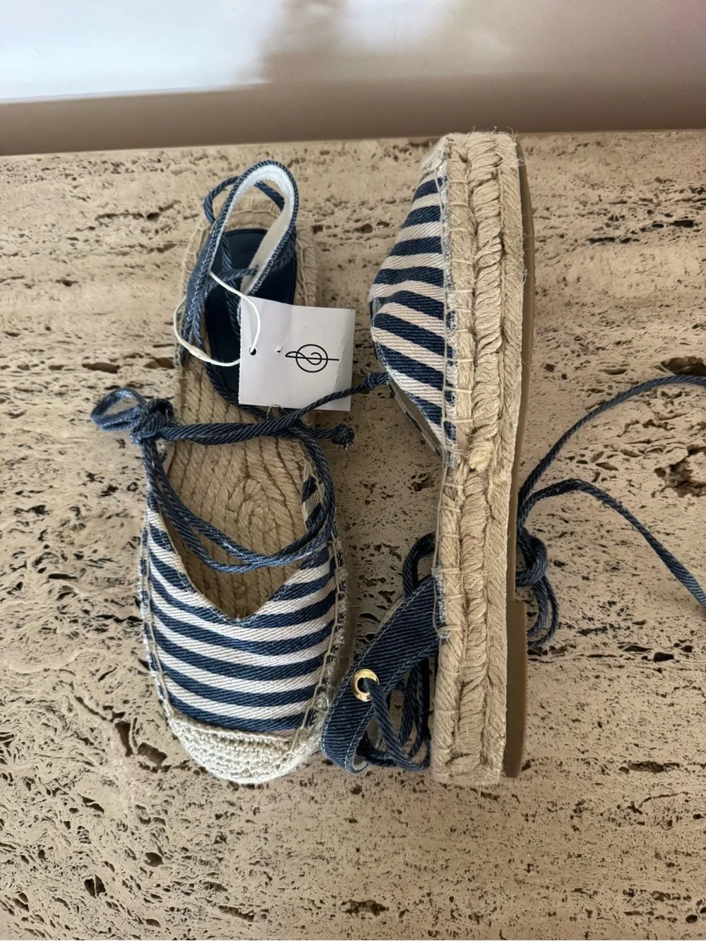 Stradivarius Navy and White Striped Espadrilles with Ankle Tie. Size EU37/US6.5